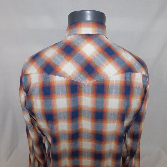 Roper Mens M Blue Cream Orange Plaid Snap Front Western Rodeo Shirt - Picture 11 of 12